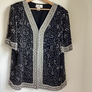 Laurence Kazar Jacke 1X Black Silk Beaded Sequins Faux Pearls Vintage Holiday